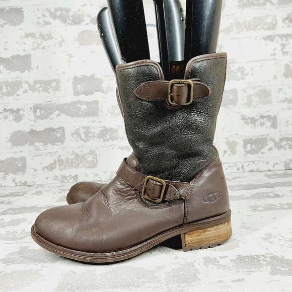 UGG Shearling Brown Leather Mid Calf Silver Buckles Detail Winter Boots I464 - Picture 1 of 13
